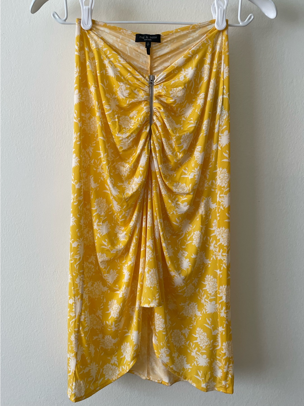 Rag & Bone Yellow Floral Stretch Ruched Midi Hi-Low Skirt Exposed Zip, Size S